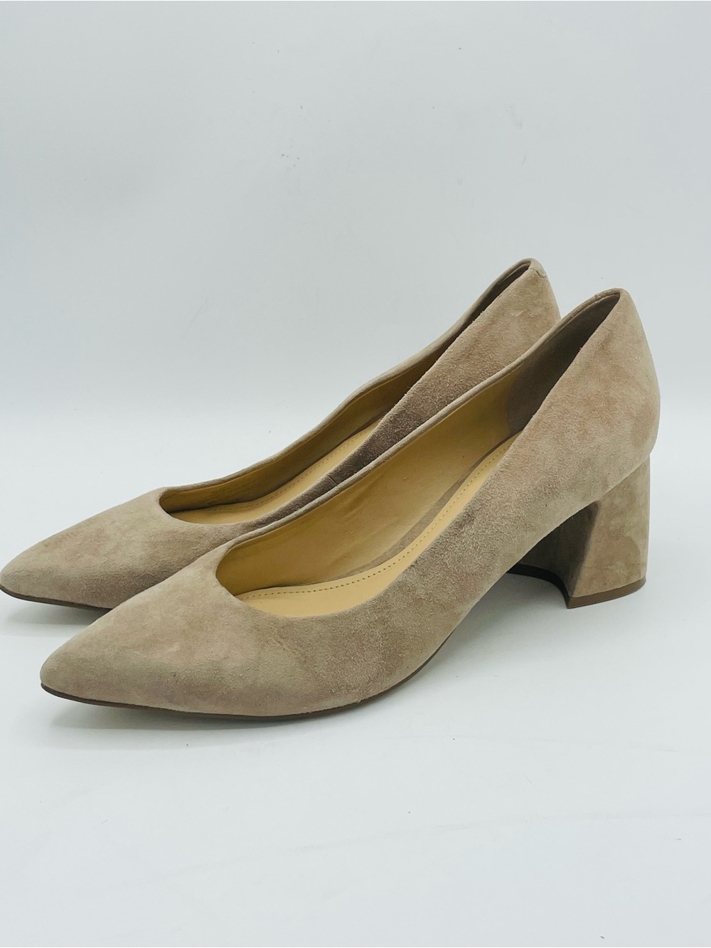Marc Fisher Yulunda Pointed Toe Mid Block Heel Pumps in Taupe Suede.